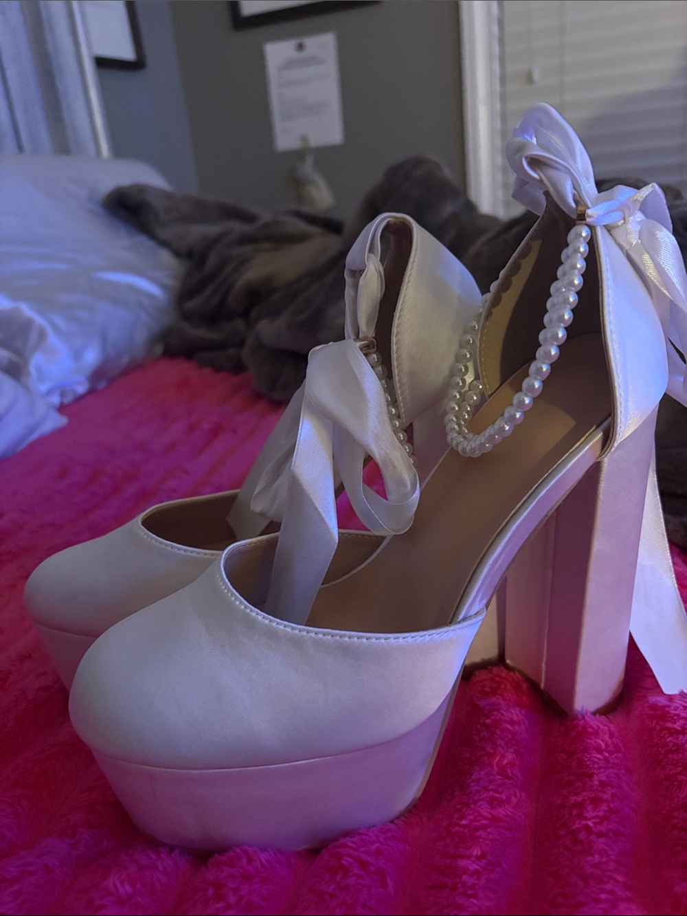 Ivory Satin Platform Heels with Pearl Ankle Strap